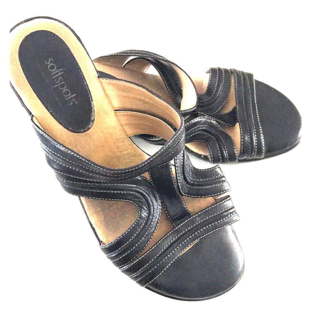 Soft spots black wedge heel sandals